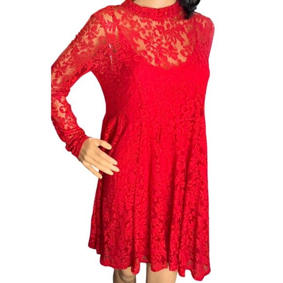 Free People Women Layered Lace Babydoll Dress Red Small Fairycore Romantic Boho - Picture 2 of 13